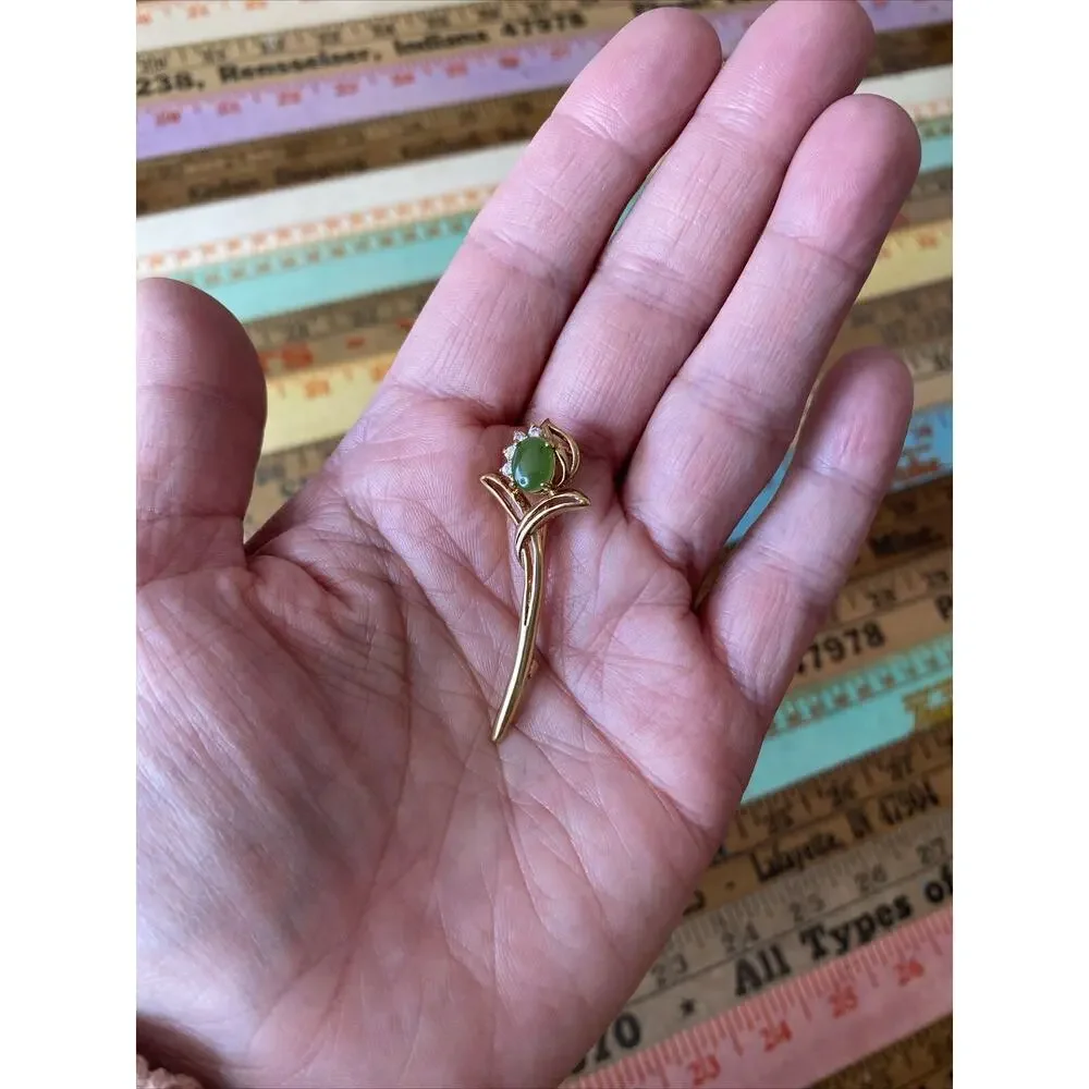 Vintage Gold Tone Pronged Jade Faux‎ Diamonds Brooch Green Flower Pin